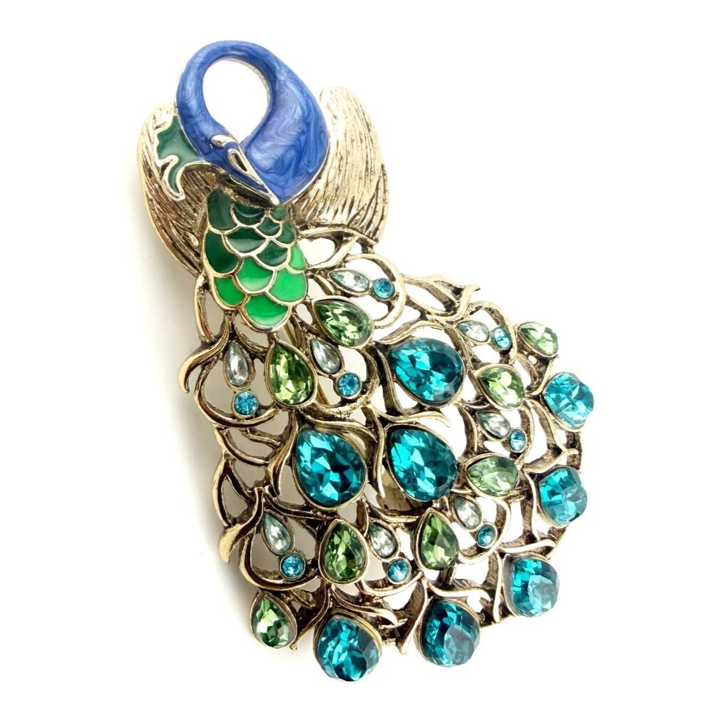 Dana Buchman Signed Peacock Brooch Blue Green Crystal Enamel Statement Pin